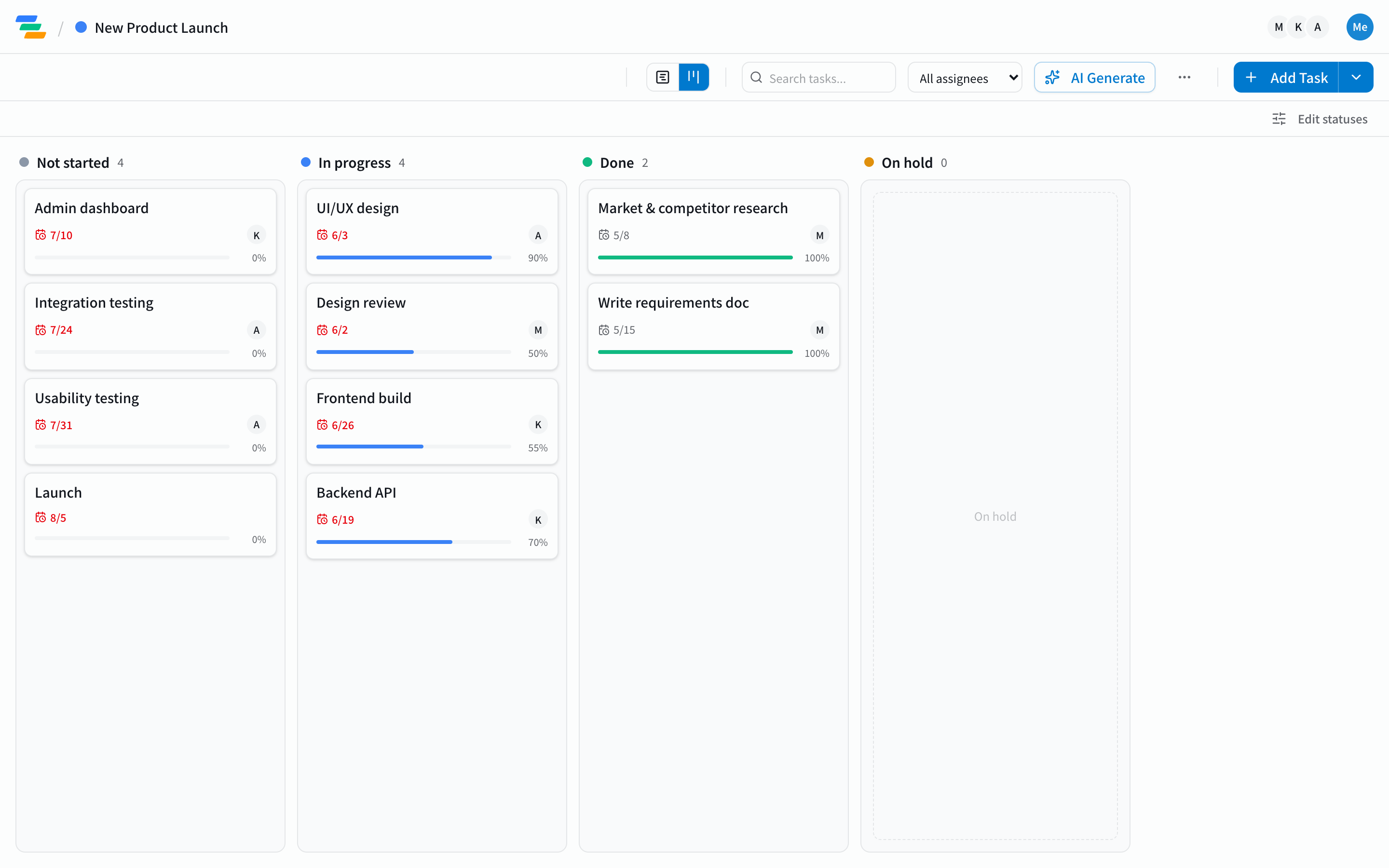 Ganty's board view with Not started, In progress, Done, and On hold columns, showing task cards with due dates and progress