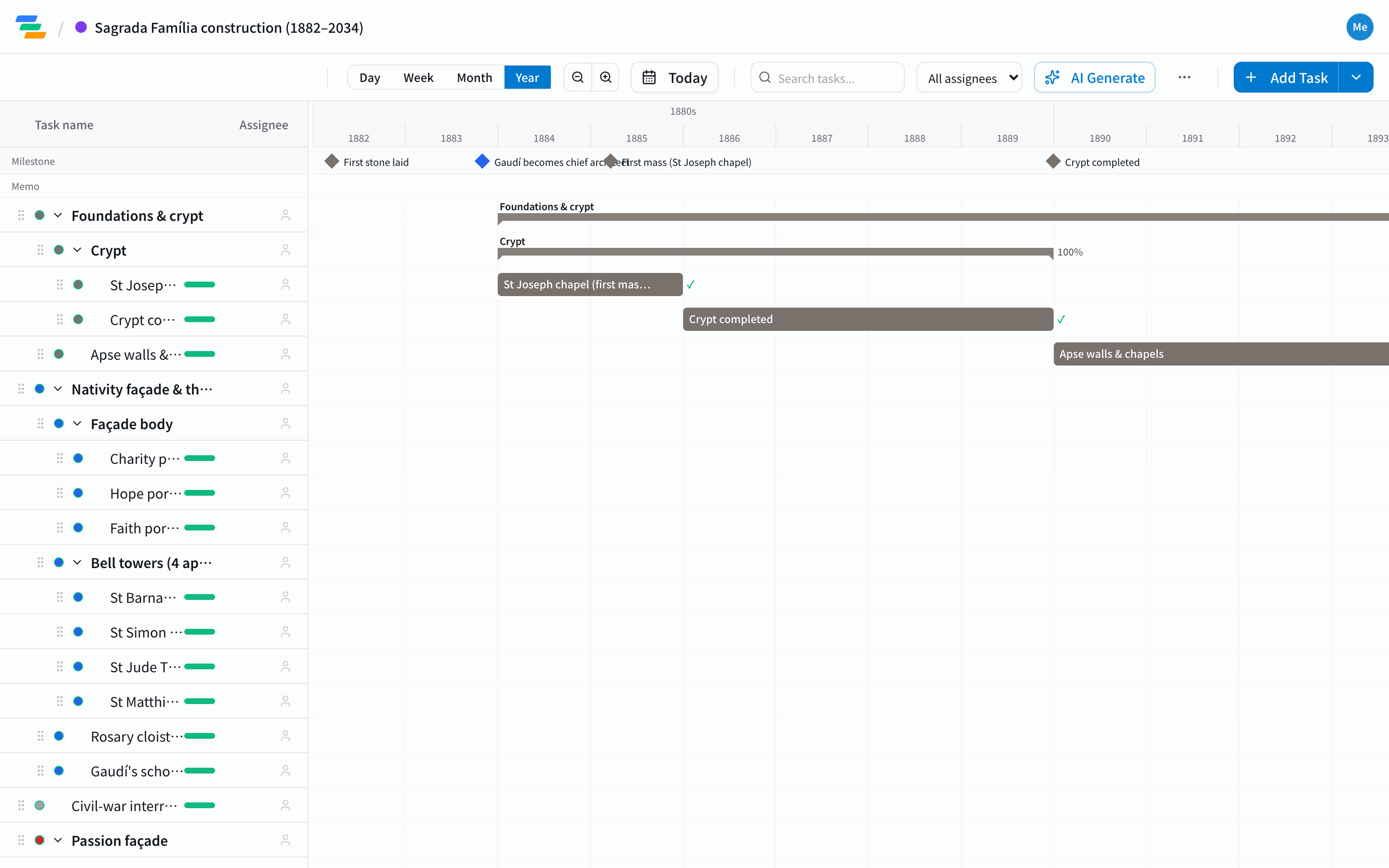 An interactive Gantt chart you can actually drive (real Ganty screen) — unlike ChatGPT's static output, you can drag to reschedule and switch zoom levels.